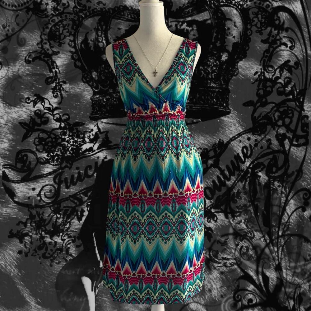 deep v neck bold ornamental geometric teal pink white fairy boho whimsical dress